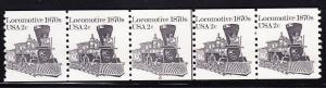 United States Nr.1897a Plate Number Strip of 5. 2c Locomotive 1870's