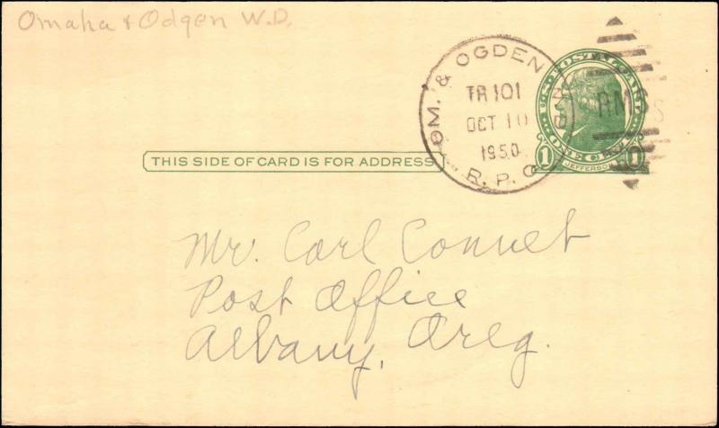 1950 OM. & OGDEN WD  RPO RAILROAD POST OFFICE CANCEL