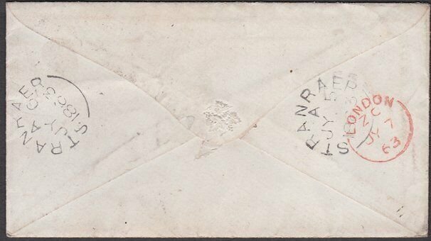 GB SCOTLAND 1863 cover Newton Stewart to Stranraer h/s 1d redirection.......T946