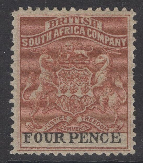 RHODESIA SG22 1892 4d CHESTNUT & BLACK MTD MINT