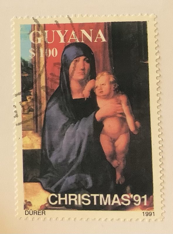 Guyana 1991 Scott 2491 CTO - $100, Christmas, painting, Madonna & Child by Durer