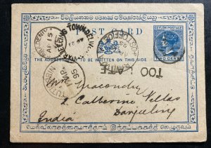 1895 Kandy Ceylon Stationery Postcard Cover To India Railway Post Office Cancel