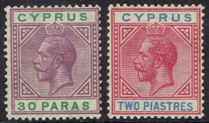 CYPRUS 1921 KGV 30PA AND 2PI WMK MULTI SCRIPT CA