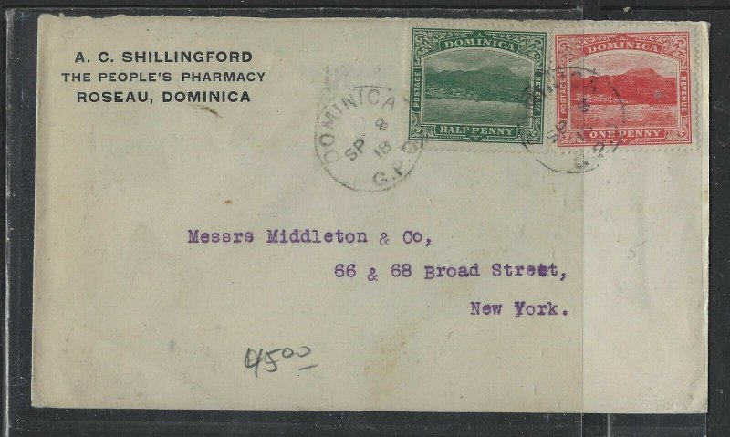 DOMINICA  COVER (P1902B)  1918 1/2D+1D ON COVER TO USA