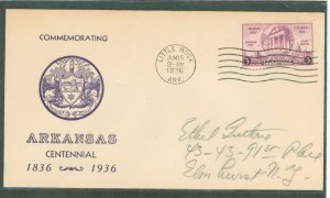 US 782 1936 3c Arkansas Statehood Centennial single on an addressed, pencil, FDC with an Unknown Cachet