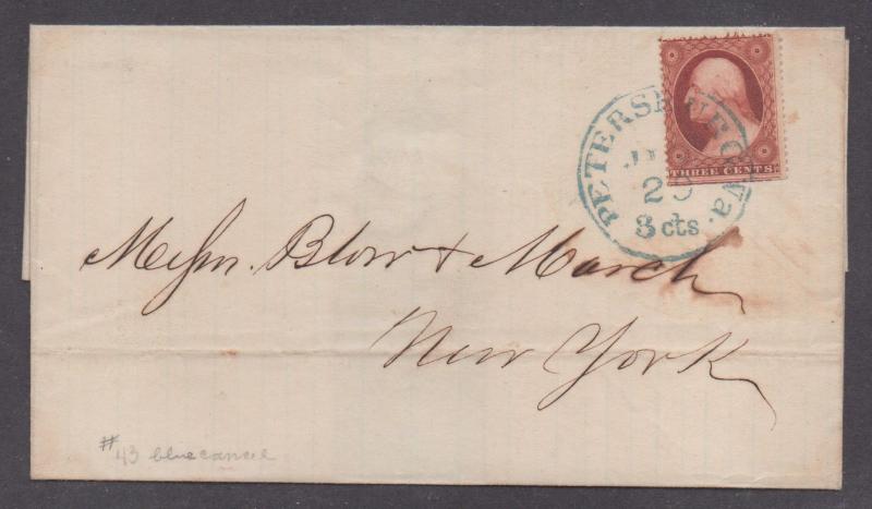 **US 19th Century Cover, SC# 25 (TypeI) Blue #43 Petersburg, VA CDS