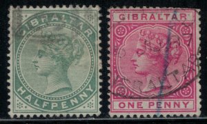 Gibraltar #9-10  CV $7.00  #10 June, 1887 cancellation