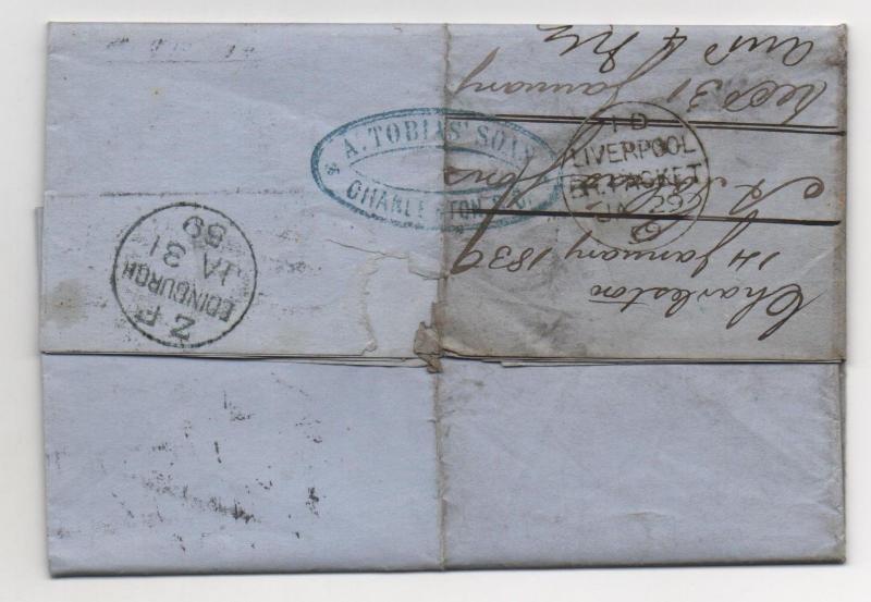 TRANS-ATLANTIC Ship Cover Charleston SC 1859 to Scotland via Steamer 'Africa'