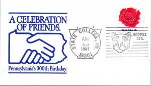 US SPECIAL EVENT CACHETED COVER PENNSYLVANIA'S 300th BIRTHDAY STATE COLLEGE 1981