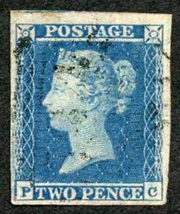 1841 2d VIOLET Blue (PC) Plate 4 on Thick Lavender Paper SG15aa Cat 1800 pounds