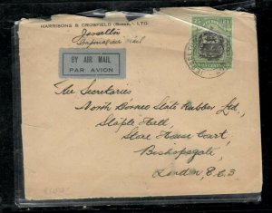 NORTH BORNEO COVER  (P1705B)  1932 25C ARMS, LION A/M COVER JESSELTON TO ENGLAND 