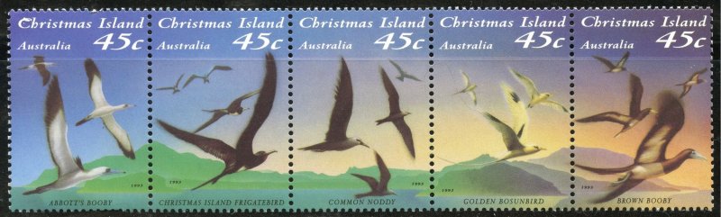 Christmas Island Scott 349 MNHOG - 1993 Seabirds Strip of 5 - SCV $3.75