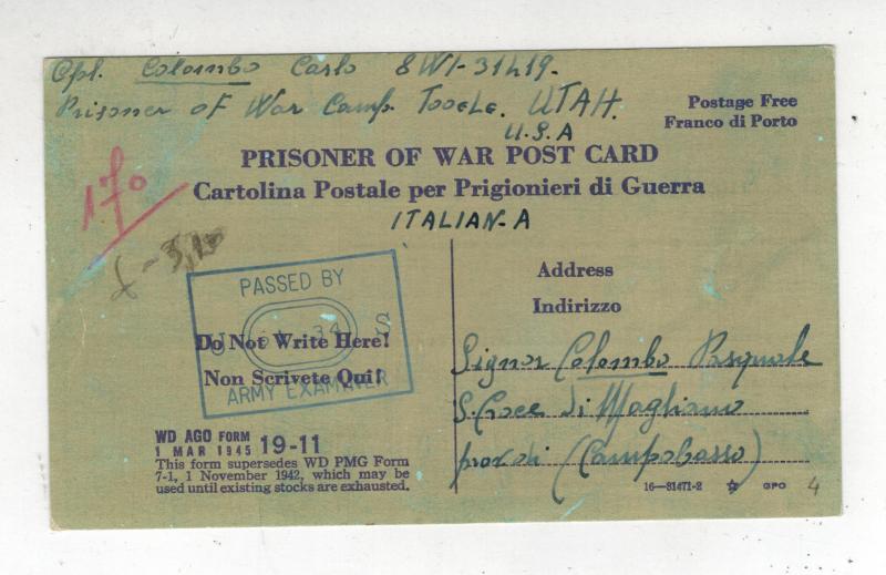 1945 Camp Tooele UT Italian Camp Postcard Cover to Italy Prisoner of War POW 