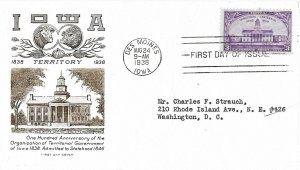 1938 FDC, #838, 3c Iowa Territorial Centennial, Grimsland