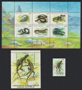 Uzbekistan Reptiles Snakes Lizards Crocodile+Sheetlet+MS 1999 MNH