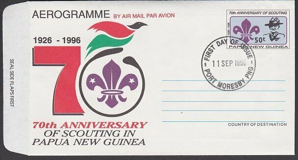 PAPUA NEW GUINEA 1996 Boy Scouts 50t aerogramme First Day cancel............L637