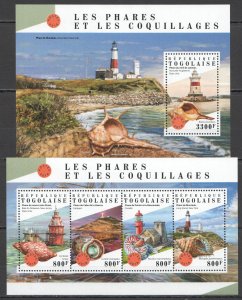 HM0247 2018 TOGO SEASHELLS & LIGHTHOUSES MARINE LIFE #9076-9+BL1599 MNH