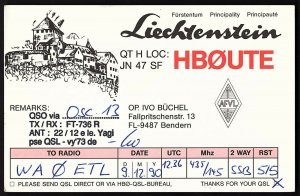 QSL QSO RADIO CARD Liechtenstein,Drawing of Vaduz Castle,HB0UTE, (Q2807)