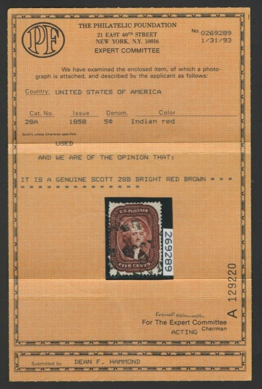Scott 28b Used 100% Sound PF Cert. F-VF SCV $2,250 (LB 10/21)