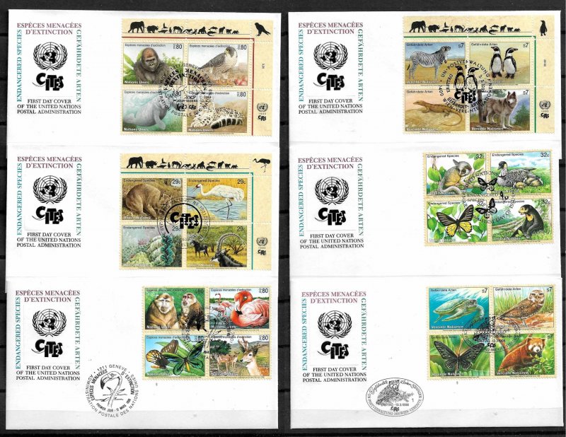 UN STAMPS.  SET OF 6 FD COVERS ENDANGERED SPECIES, 1998