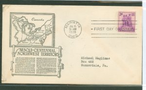 US 837 1938 3c Northwest Territory Sesquicentennial on an addressed First Day cover with an Anderson cachet.