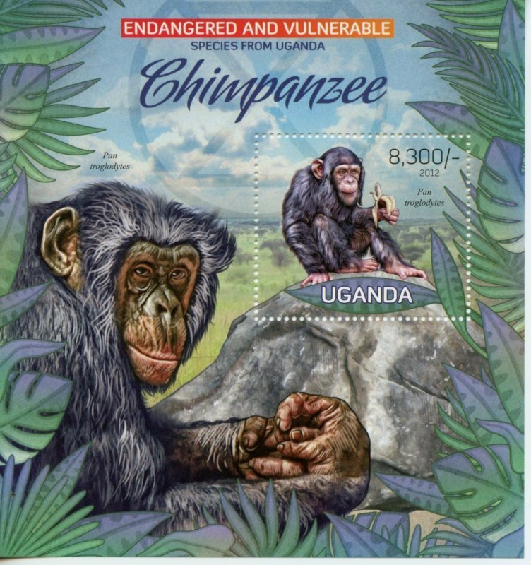 Uganda Wild Animals Stamps 2012 MNH Chimpanzees Primates Mammals Fauna 1v S/S