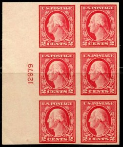 US Sc#482 Left Plate Block of 6 ‘12979’ 1916 2c Washington VF OG Mint NH