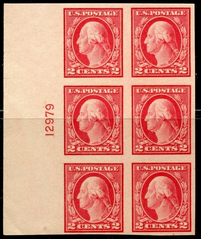 US Sc#482 Left Plate Block of 6 ‘12979’ 1916 2c Washington VF OG Mint NH