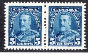 221, Scott, Canada, 5c blue, VF, MNHOG, horiz. pair, KGV Pictorial