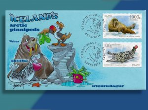 Walrus and Hooded Seal Line Up For Dinner on Handcolored Iceland FDC