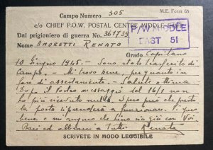 19465 Italian Prisoner Of War MEF POW Camp 305 Postcard Cover To Parma Italy