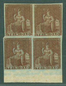 SG 8 Trinidad 1856. 1d brick red. A fine fresh mounted mint block of 4. Full...