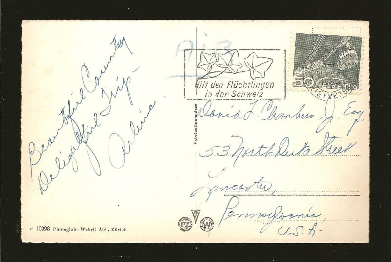 Switzerland 337 on PM 1955 Luzern to USA Postcard Used