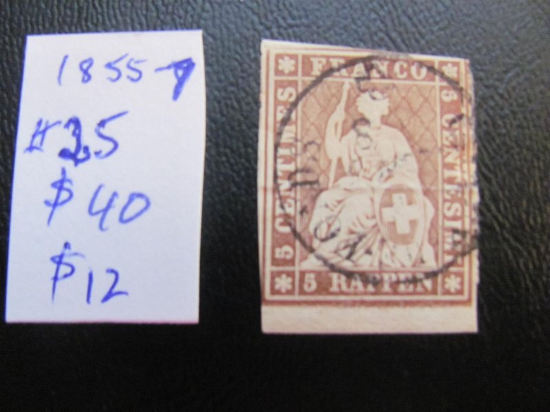 SWITZERLAND 1855-57 USED SC 25  2 MARGINS  $40 (185)