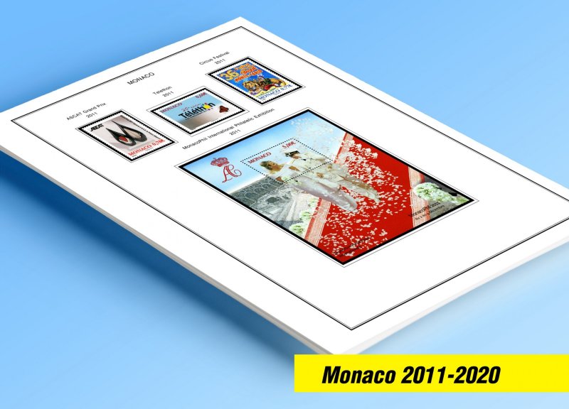 COLOR PRINTED MONACO 2011-2020 STAMP ALBUM PAGES (63 illustrated pages)