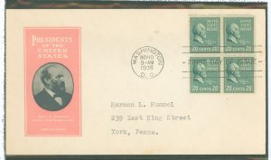 US 820 1938) 20c James Garfield (part of the Presidential/Prexy Series) block of four on an addressed (typed) FDC with an Loor c