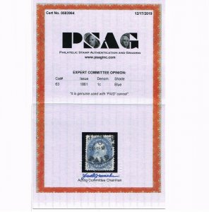 GENUINE SCOTT 63 F-VF USED PSAG CERT 1861 BLUE CIRCULAR PAID TOWN CANCEL #14104