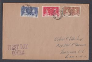 Gambia Sc 129-131 FDC. 1937 Coronation, complete set on Selfridge & Co cover