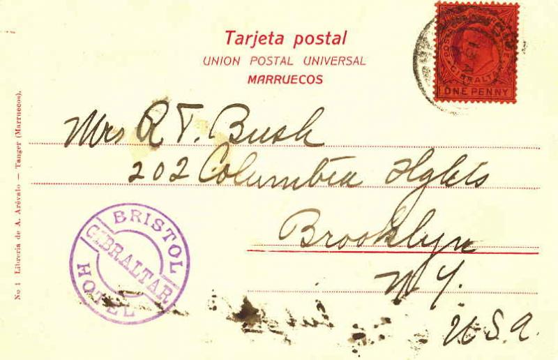 Gibraltar 1d KEVII 1907 Gibraltar PPC to Brooklyn, N.Y. with violet Bristol H...