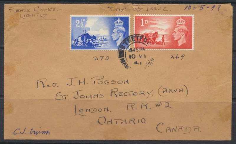 GB Channel Islands 1948 Cover w/ SG C1-2  FDC to Canada see scans SC 269-270 ...