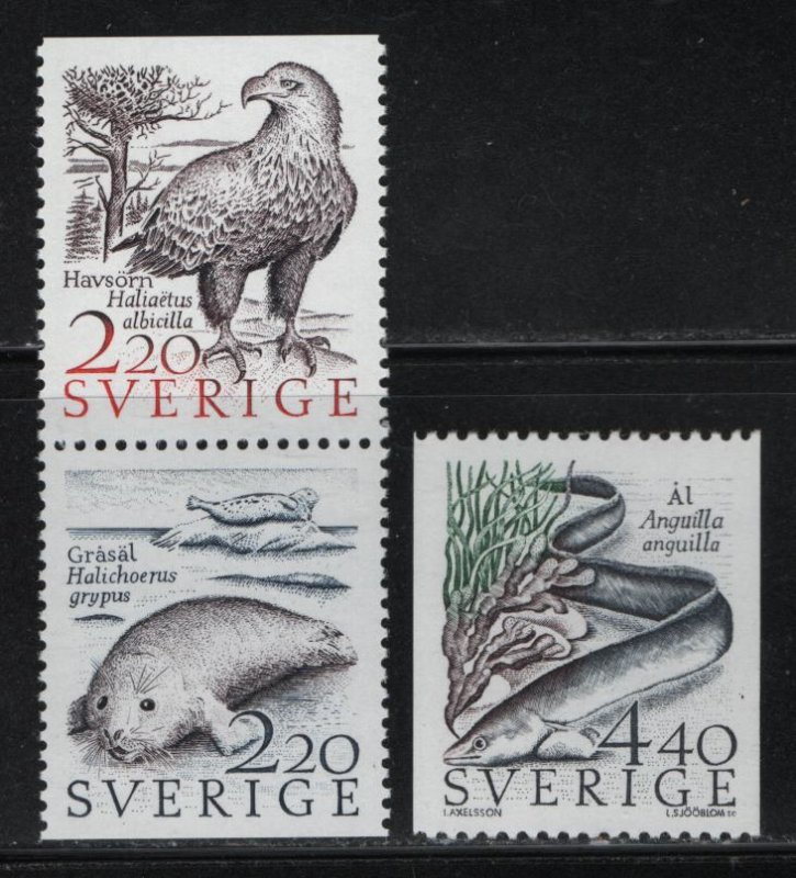 SWEDEN  1678-1680, booklet pane,  MNH, 1988 Bird, seal, eel