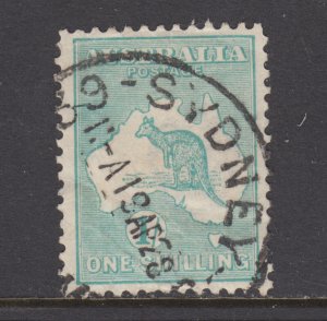 Australia Sc 10 used. 1913 1sh blue green Kangaroo, sound, F-VF.