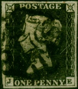 GB 1840 1d Penny Black SG2 Pl. 4 (J-E) Fine Used 4 Margins Black MX