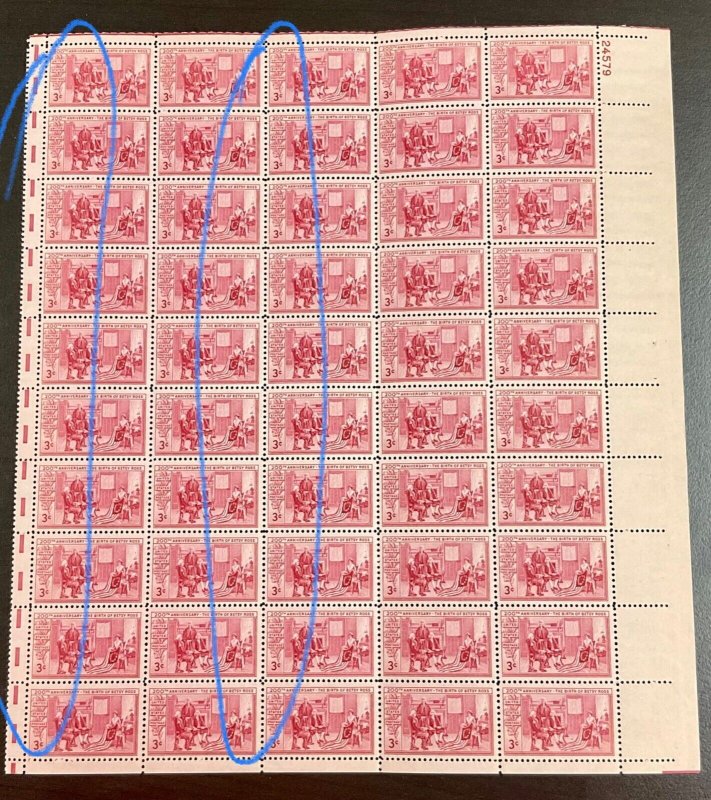 1004    Betsy Ross 200th Birthday  MNH 3 c GUTTERSNIPE Sheet of 50    1952