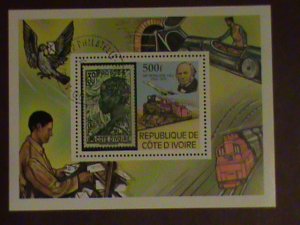 ​IVORY COAST STAMP- - ANNIV: OF SIR ROWLAND HILLS CTO NH S/S SHEET. LAST ONE