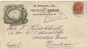 Transvaal 1901 Johannesburg cancel on advertising cover to Natal, censored