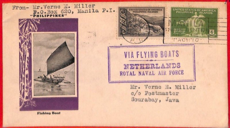 aa4007 - Phillipines - Postal HISTORY - COVER to JAVA via DUTCH NAVAL AIR FORCE!