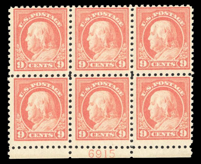 United States, 1910-30 #471 Cat$825, 1916 9c salmon red, bottom margin plate ...