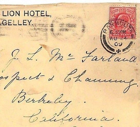 KK73 GB WALES TRANSATLANTIC MAIL 1909 *Golden Lion Hotel Dolgelley*Barmouth USA 