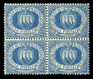 San Marino #14, 1899 25c blue, block of four, never hinged